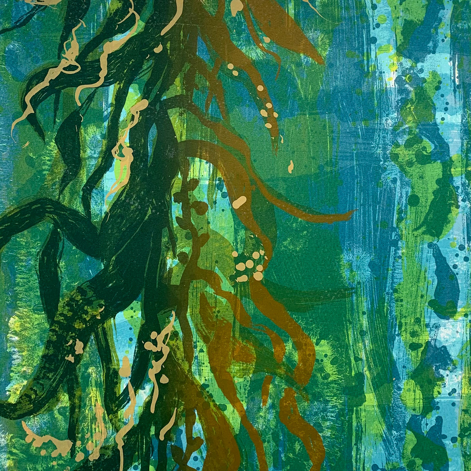 Collaboration with Mary Walters, painted and screen printed tissue paper hanging, 2023, 3 x 1.5m