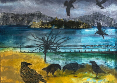 Nicky Sanderson, Firth of Forth, Found at Portobello - Crows and Sculpture, acrylic, collage and mono-prints on calico, mounted on panel, 50 x 50 cm, 2021