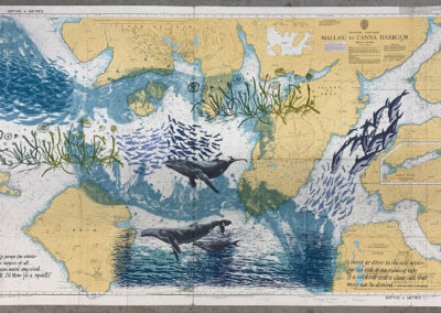 Nicky Sanderson, Mallaig to Canna Harbour, screenprint on repurposed marine chart, 2023, 117 x 72cm