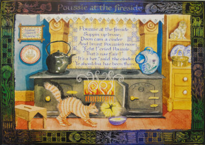 Nicky Sanderson, Poussie by the Fireside, Scots Nursery Rhymes, commissioned by Scottish Book Trust, watercolour & oil pastel on paper, 2005