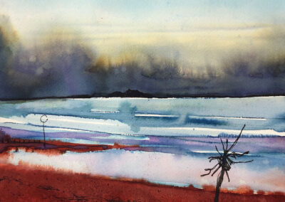 Nicky Sanderson, Firth of Forth, Still Evening, Sculpture at Portobello, watercolour and ink, 25 x 35 cm, 2020