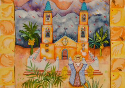 Nicky Sanderson, Mexico, St Thomas of the Bananas, watercolour and collage on paper, 1986, 50 x 70cm