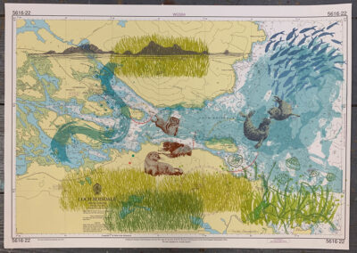 Nicky Sanderson, Loch Boisdale, screenprint on repurposed marine chart, 2023, 60 x 42cm AVAILABLE through Edinburgh Printmakers