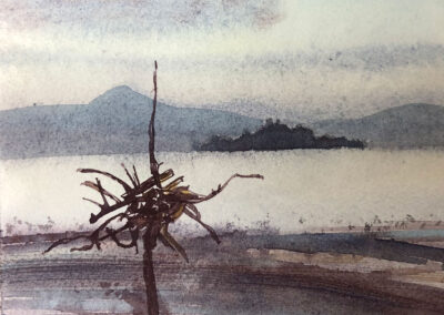 Nicky Sanderson, Firth of Forth, Inchkeith with Sculpture, watercolour and ink, 25 x 35 cm, 2020