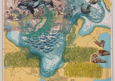 Nicky Sanderson, Bay of Kirkwall, screenprint on repurposed marine chart, 2023, 71 x 52cm AVAILABLE through Edinburgh Printmakers