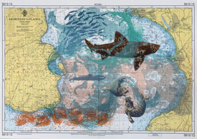 Nicky Sanderson, Ardrossan to Pladda, screenprint on repurposed marine chart, 2023, 62 x 42cm AVAILABLE through Edinburgh Printmakers