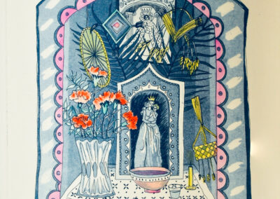 Nicky Sanderson, Mexico, Street Altar, etching and aquatint with hand colouring, 1983, 30 x 40cm