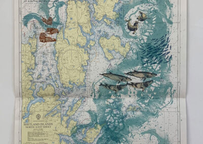 Nicky Sanderson, Shetland Islands, North East Sheet, screenprint on repurposed marine chart, 2023, 71 x 110cm