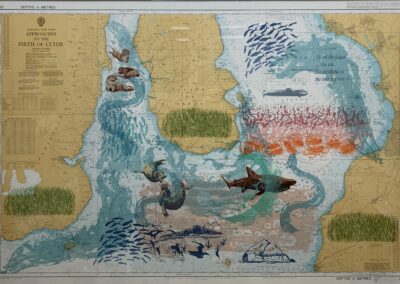 Nicky Sanderson, Approaches to the Firth of Clyde, screen print on repurposed marine chart, 2023, 113 x 77cm, AVAILABLE £420 framed