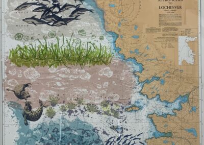 Nicky Sanderson, Approaches to Lochinver, screen print on repurposed marine chart, 2023, 77 x 110 cm, AVAILABLE £420 framed