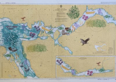 Loch Sunart, Ardnamurchan, screenprinted repurposed marine chart, 2024, 104 x 71 cm, AVAILABLE unframed £275 Nicky Sanderson