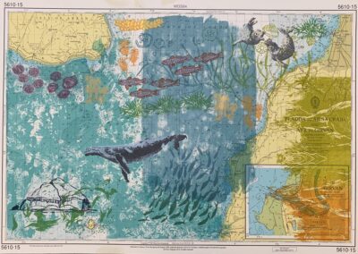 Nicky Sanderson Pladda to Ailsa Craig, screenprint on repurposed marine chart, 62 x 42 cm, 2024, AVAILABLE £175 unframed.