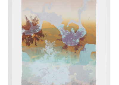 Nicky Sanderson, Ghostly Traces: Pink Shore (backlit), unique screenprint on tissue paper, mounted between clear acrylic sheets, 2024, 53 x 43 cm, AVAILABLE £250 framed.